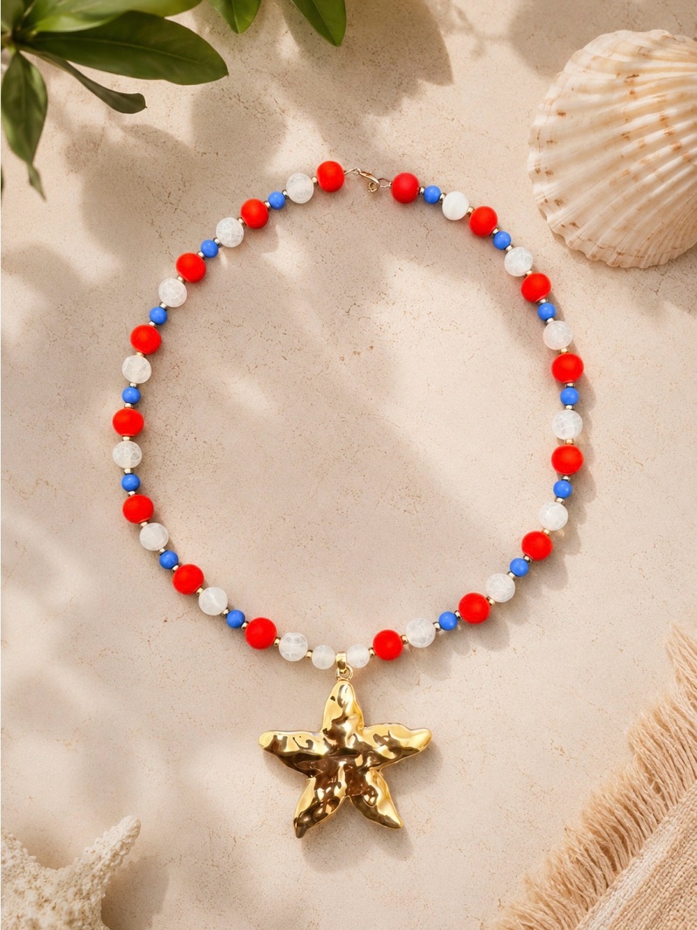 Gold Star Pendant Beaded Necklace - Red, Blue & White handmade by me ❤️